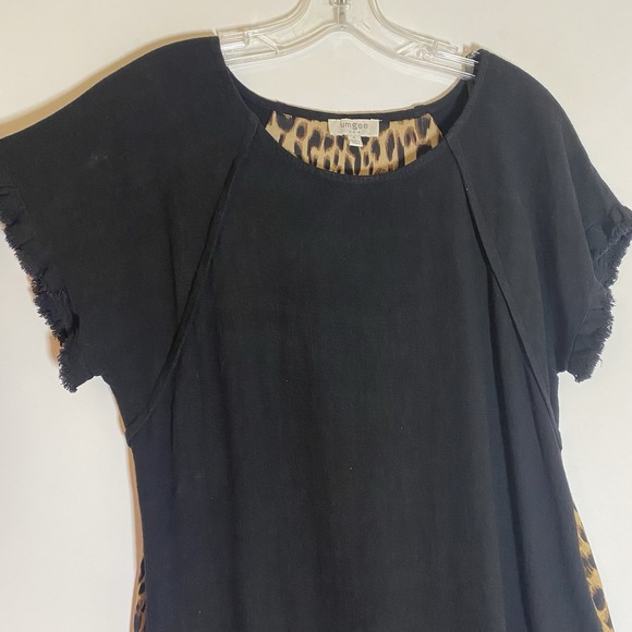 Umgee Dress Womens Small Black Leopard Linen Boho Fringe Hem Pockets Casual Nice - Picture 5 of 16